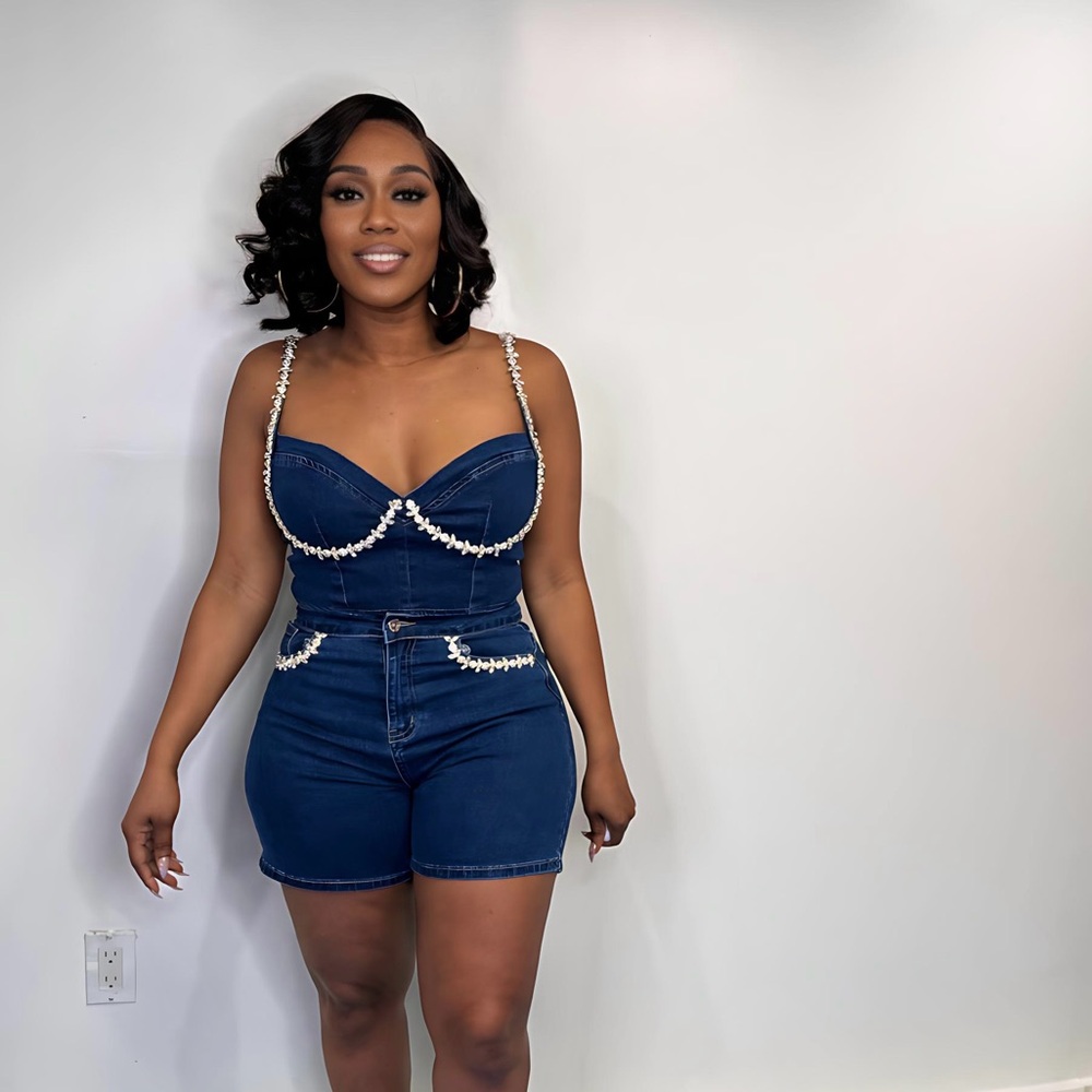 EMBELLISH STRETCH DENIM SHORT SET